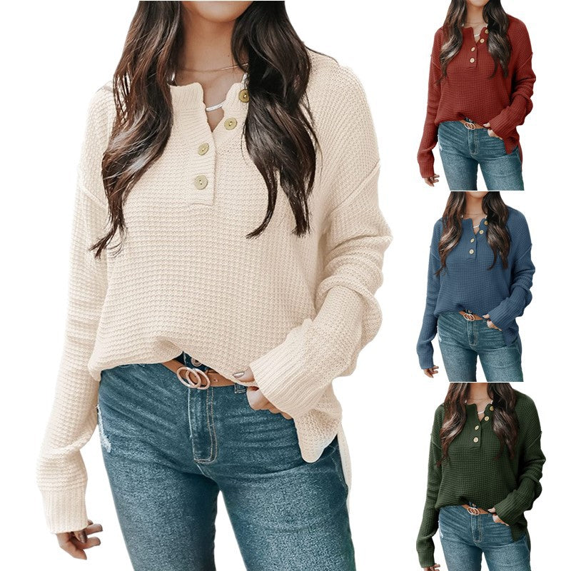 Damen lässiger Oversized Pullover mit Knopfleiste und strukturiertem Material Drune