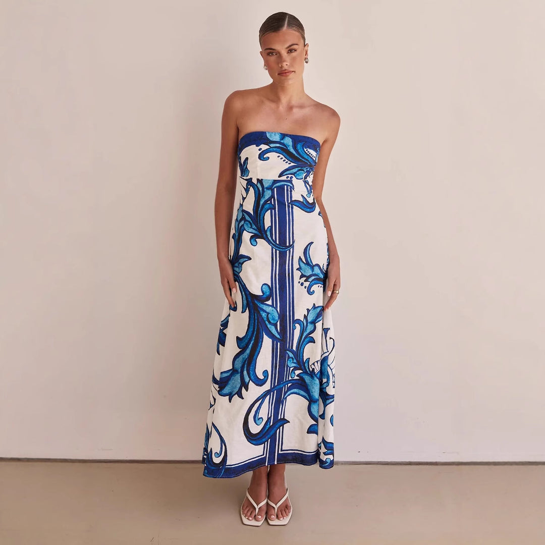Damen Strapless Maxikleid mit floralem Design und elegantem A-Linien Schnitt Drune