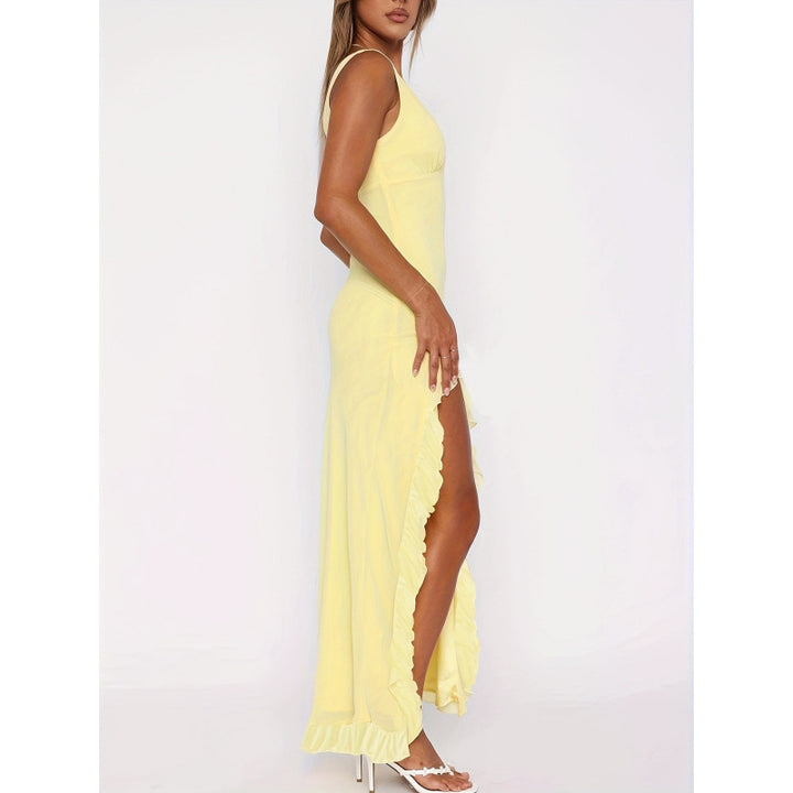 Damen Maxikleid mit tiefem V-Ausschnitt und verspielten Rüschendetails Drune