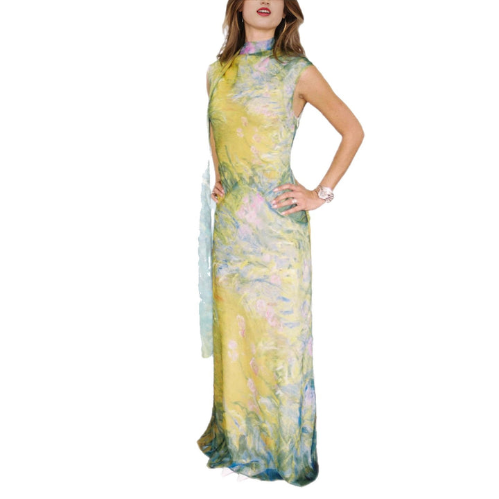 Damen Langes Kleid mit floralem Design und hochgeschlossenem Kragen Drune