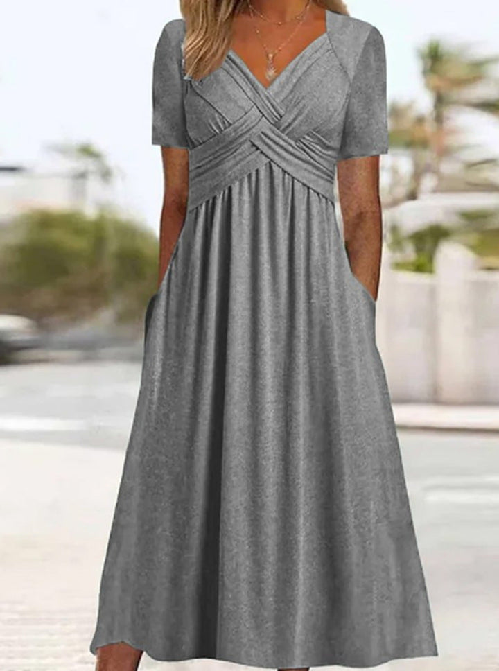 Damen nan fließendes Maxikleid mit gekreuzter Passe V-Ausschnitt Kurzarm und Eingrifftaschen Drune