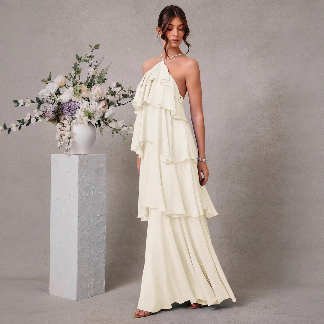 Damen Maxikleid mit voluminösen Rüschendetails und elegantem V-Ausschnitt Drune