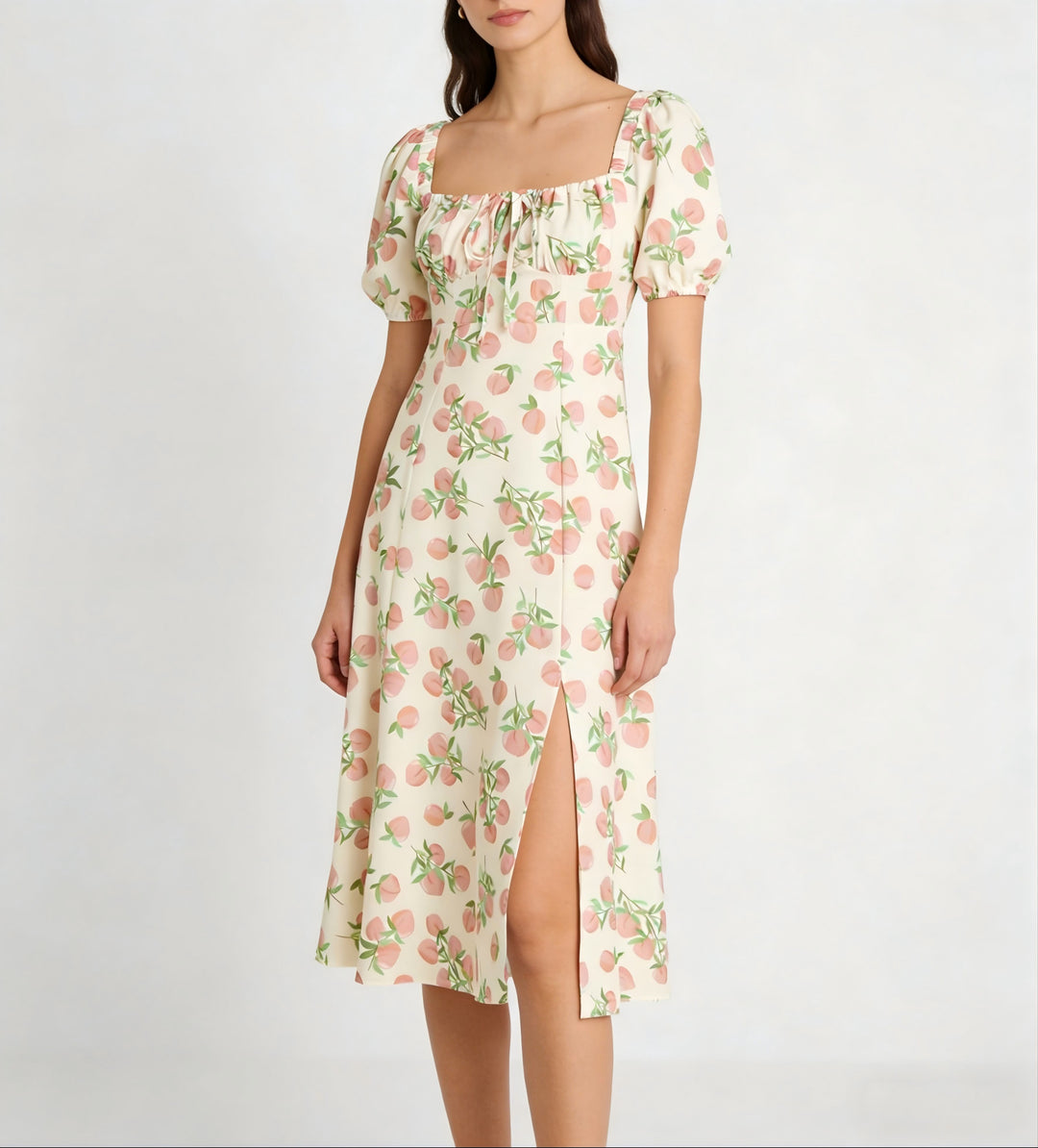 Damen Maxikleid mit pflanzlichem Muster und raffiniertem Schlitz Drune