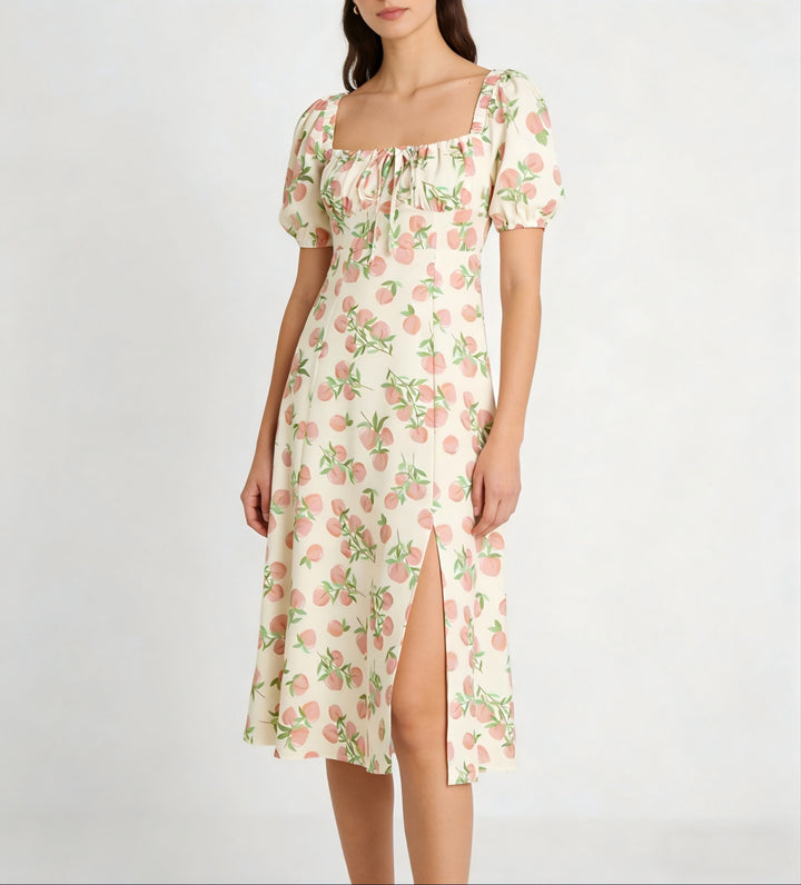 Damen Maxikleid mit pflanzlichem Muster und raffiniertem Schlitz Drune