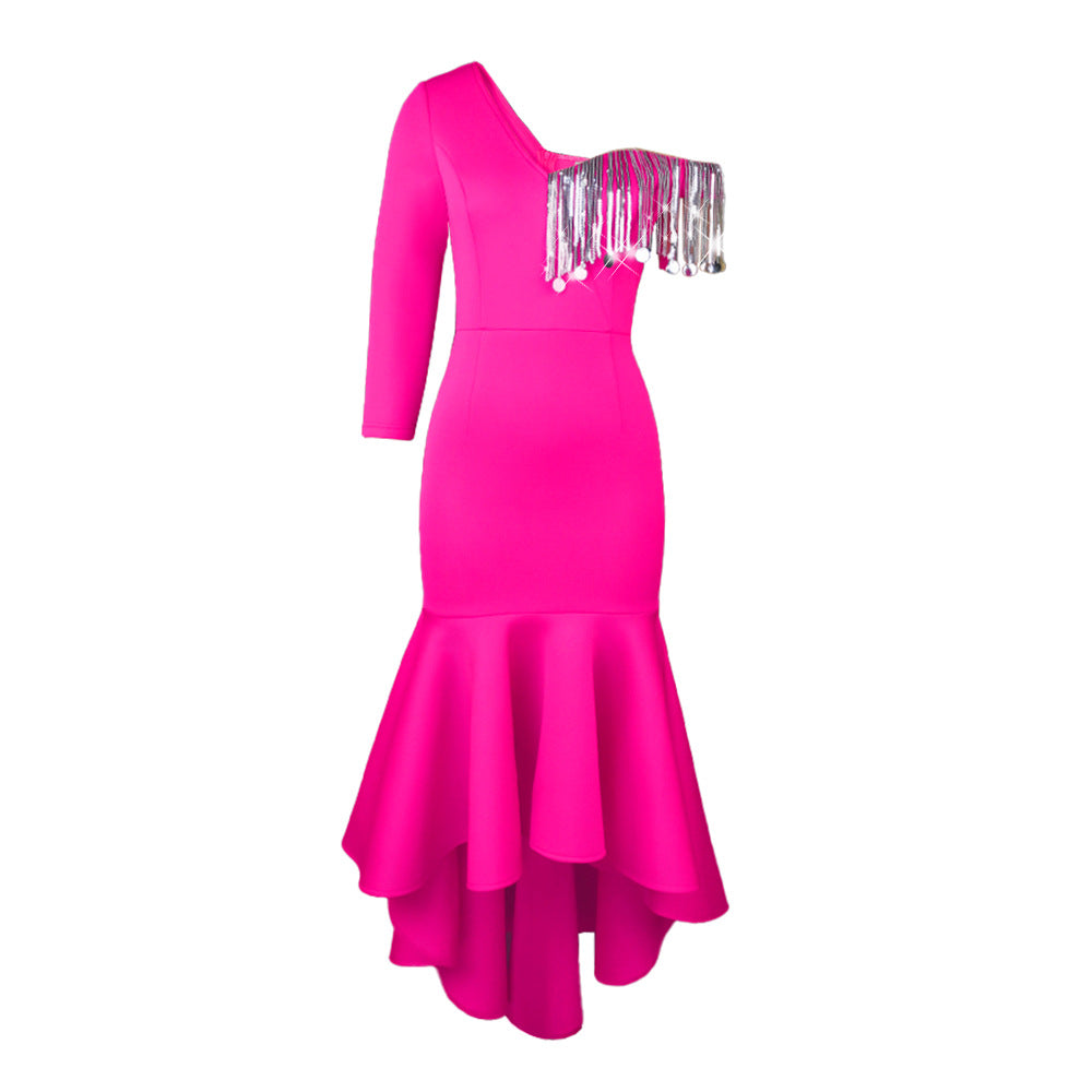 Damen elegantes Kleid mit asymmetrischem Ausschnitt und schwingendem Rüschenrock Drune
