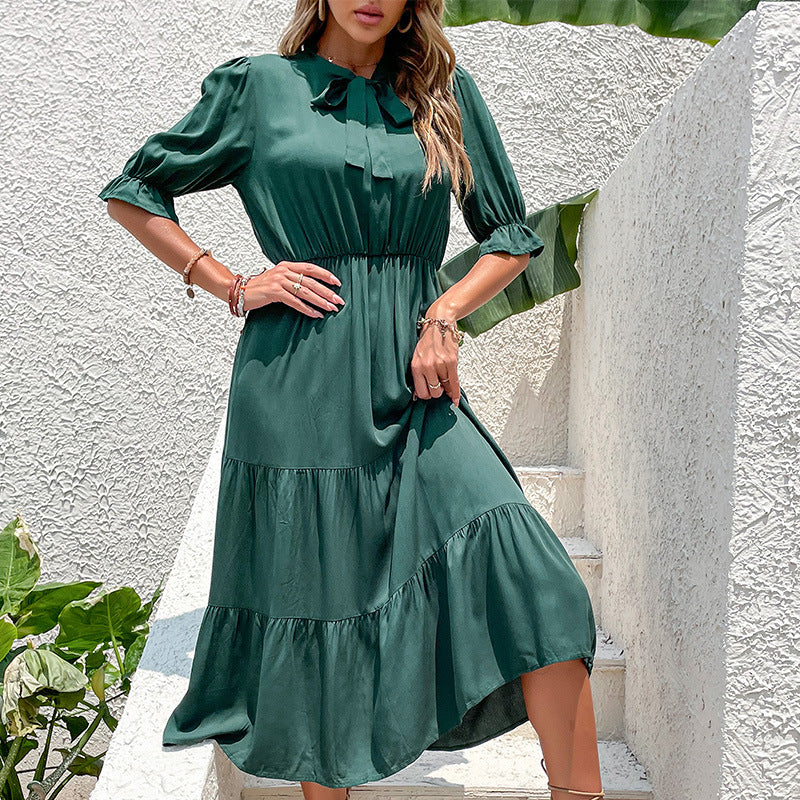 Damen lässiges Midi-Kleid mit Krawatte und Rüschensäumen Drune