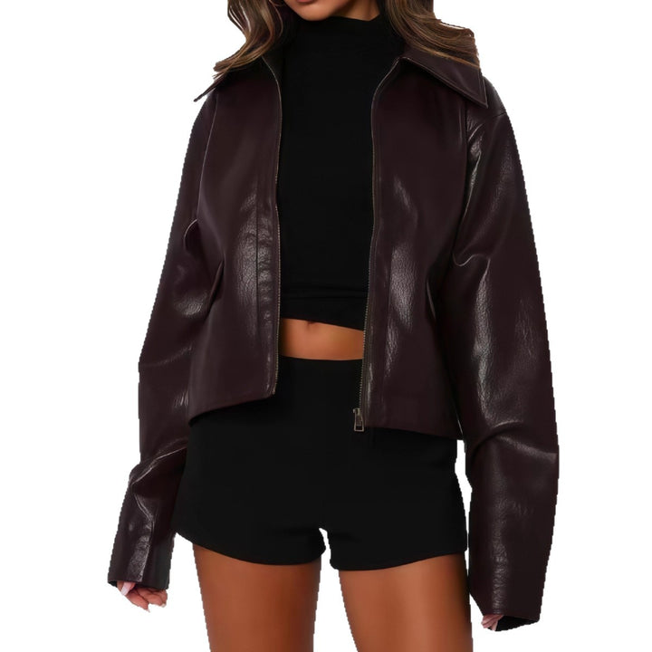 Damen elegante cropped Lederjacke im minimalistischen Stil Drune