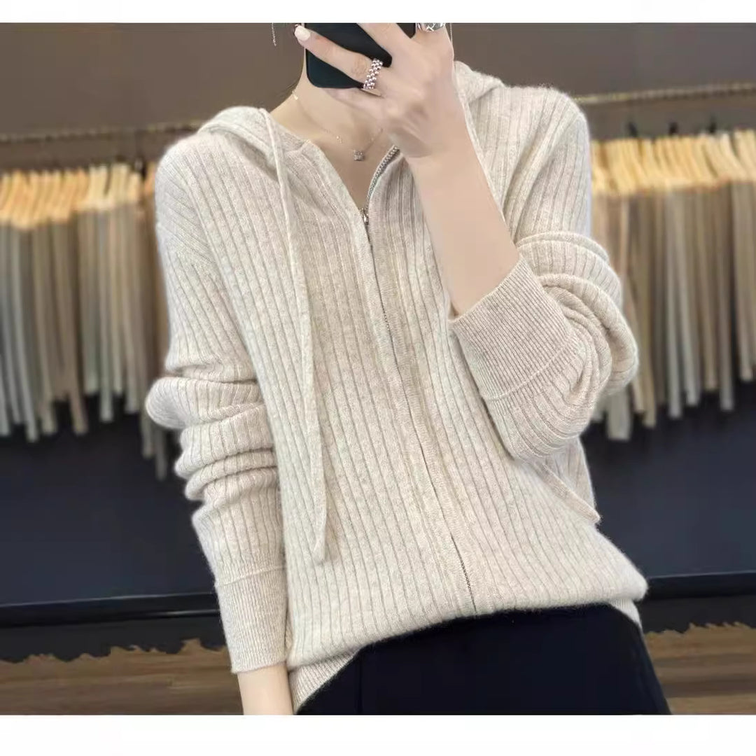 Damen Strickpullover mit Kapuze und Reißverschluss Drune