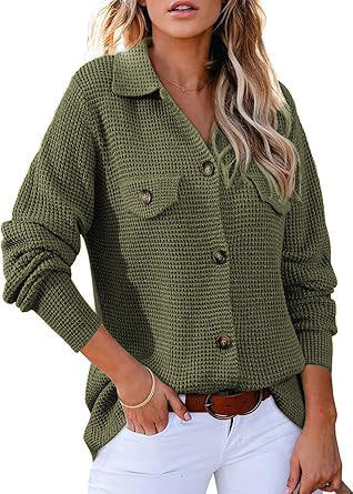 Damen modischer Waffle-Pullover mit Knöpfen Drune