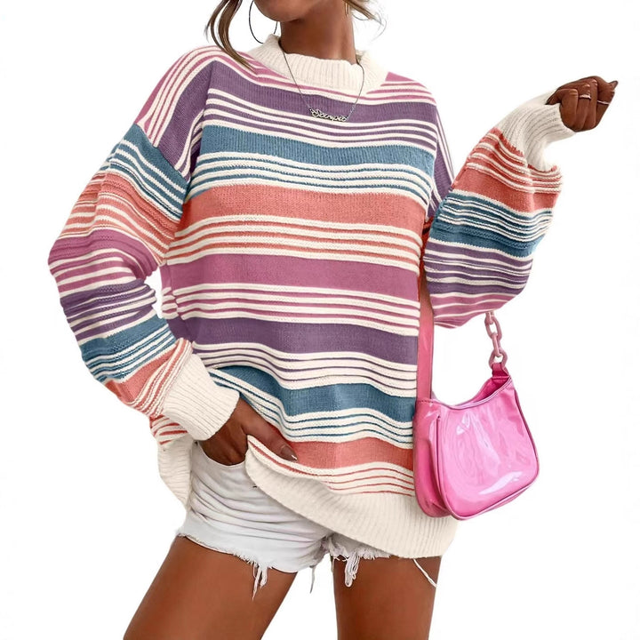 Damen gestreifter Oversize-Pullover mit Rundhalsausschnitt und lässiger Passform Drune