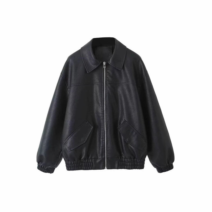 Damen lässige Lederjacke mit elastischem Saum und praktischen Taschen Drune