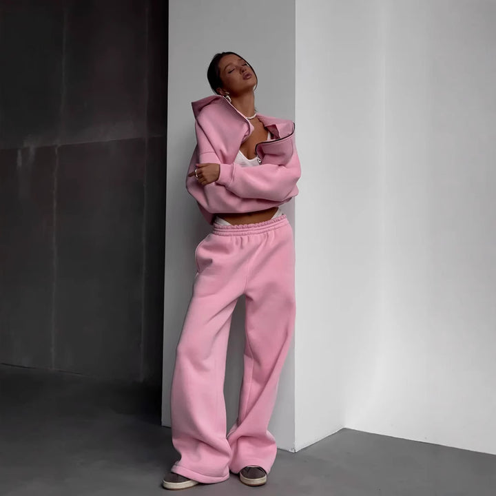 Damen stylischer Freizeit-Hoodie mit durchgehendem Reißverschluss und bequemen Jogginghosen Drune
