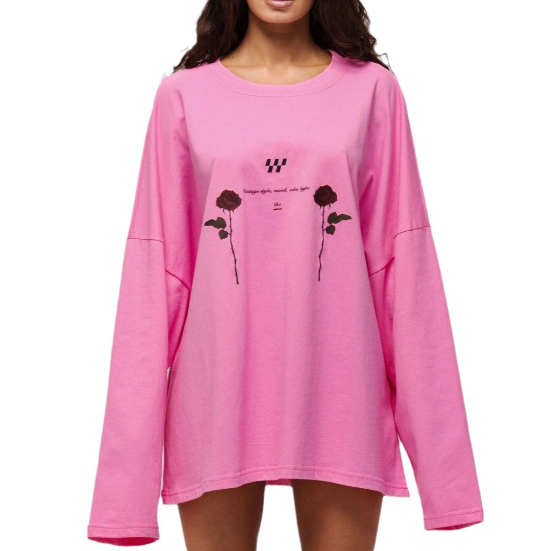 Damen Oversized Langarm-T-Shirt mit floralen Grafikdetails Drune