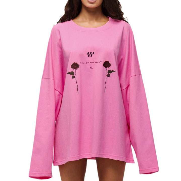 Damen Oversized Langarm-T-Shirt mit floralen Grafikdetails Drune