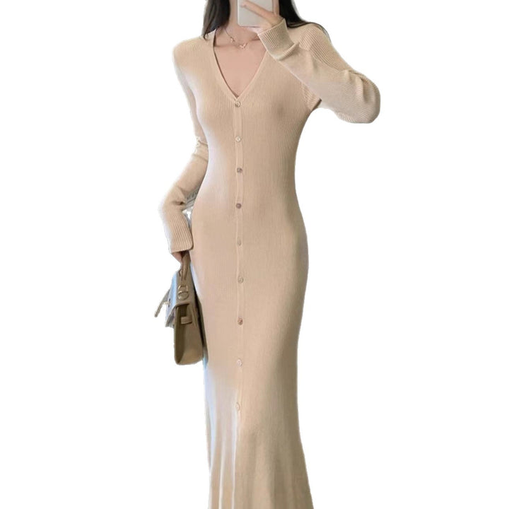 Damen Elegantes Maxikleid mit Knopfdetails und V-Ausschnitt Drune