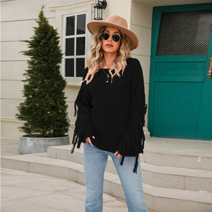 Damen lässiger Strickpullover mit Fransen und weitem Schnitt Drune