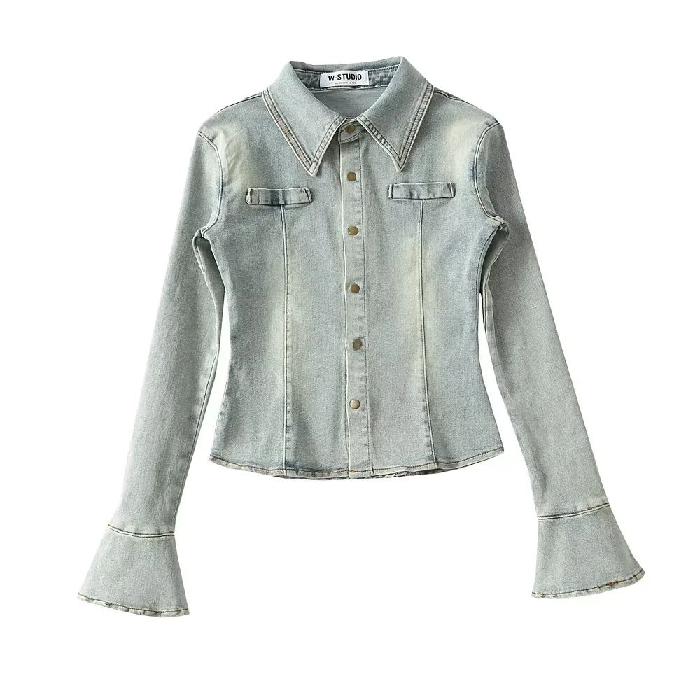 Damen Jeanshemd mit modischen Glockenärmel und aufgesetzten Taschen Drune