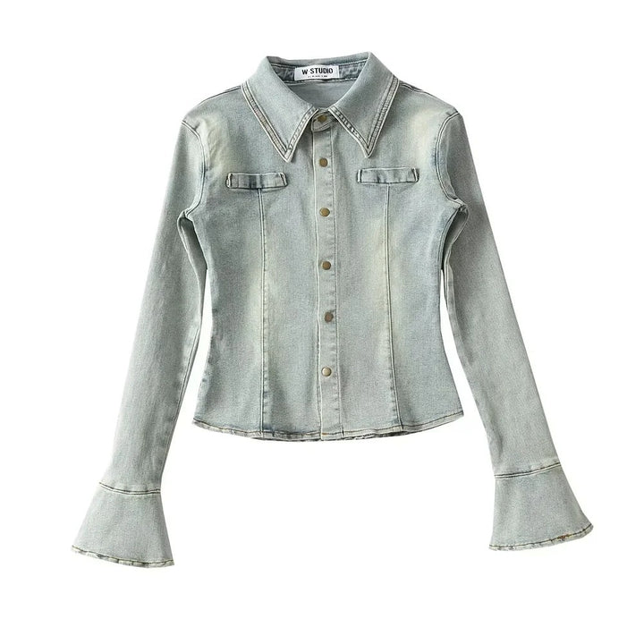 Damen Jeanshemd mit modischen Glockenärmel und aufgesetzten Taschen Drune