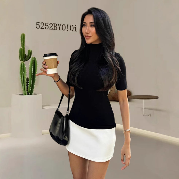 Damen figurbetontes T-Shirt mit Stehkragen und kurzen Ärmeln Drune