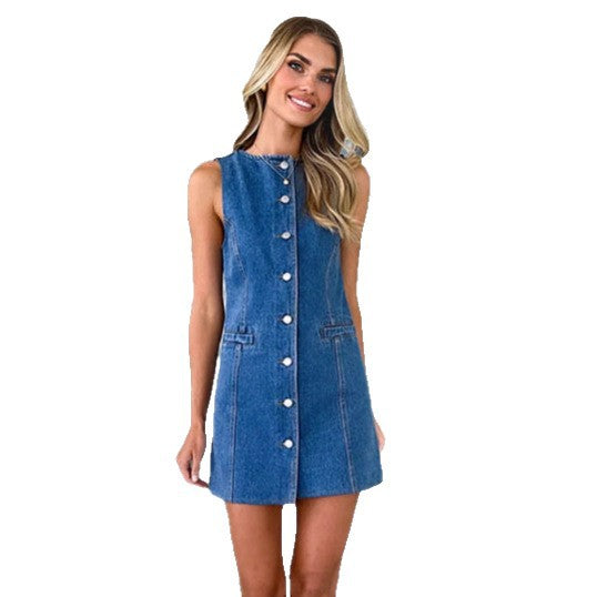 Damen Jeanskleid im modernen A-Linien Schnitt mit Knopfleiste und praktischen Taschen Drune