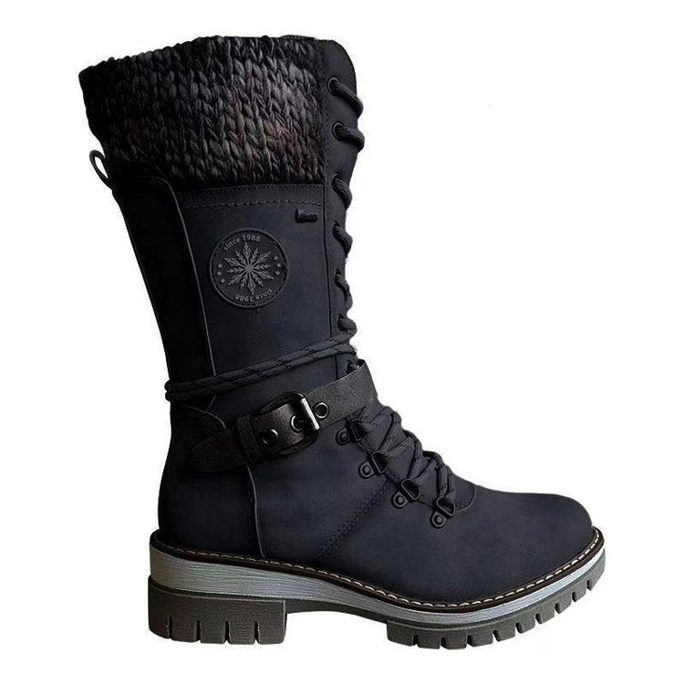 Damen nan knöchel- bis wadenhohe Schnürstiefel mit gestrickter Manschette, wasserdichter Membran, dekorativer Schnallenlasche und robuster Profilsohle Drune