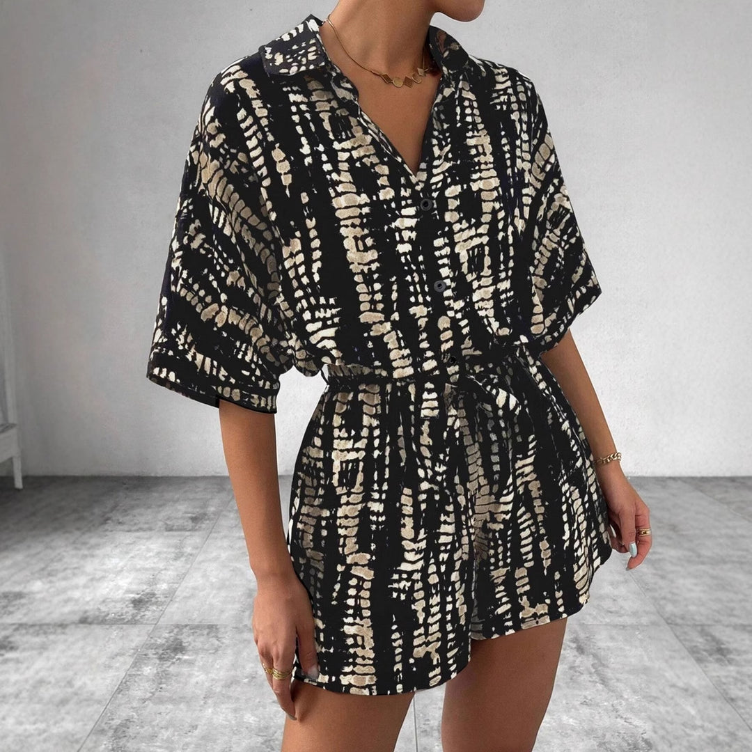 Damen Kurzärmliger Jumpsuit mit floralem Print und Taillengürtel Drune