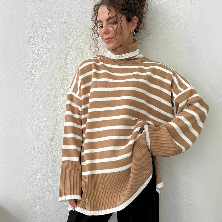 Damen modischer gestreifter Strickpullover mit Stehkragen Drune