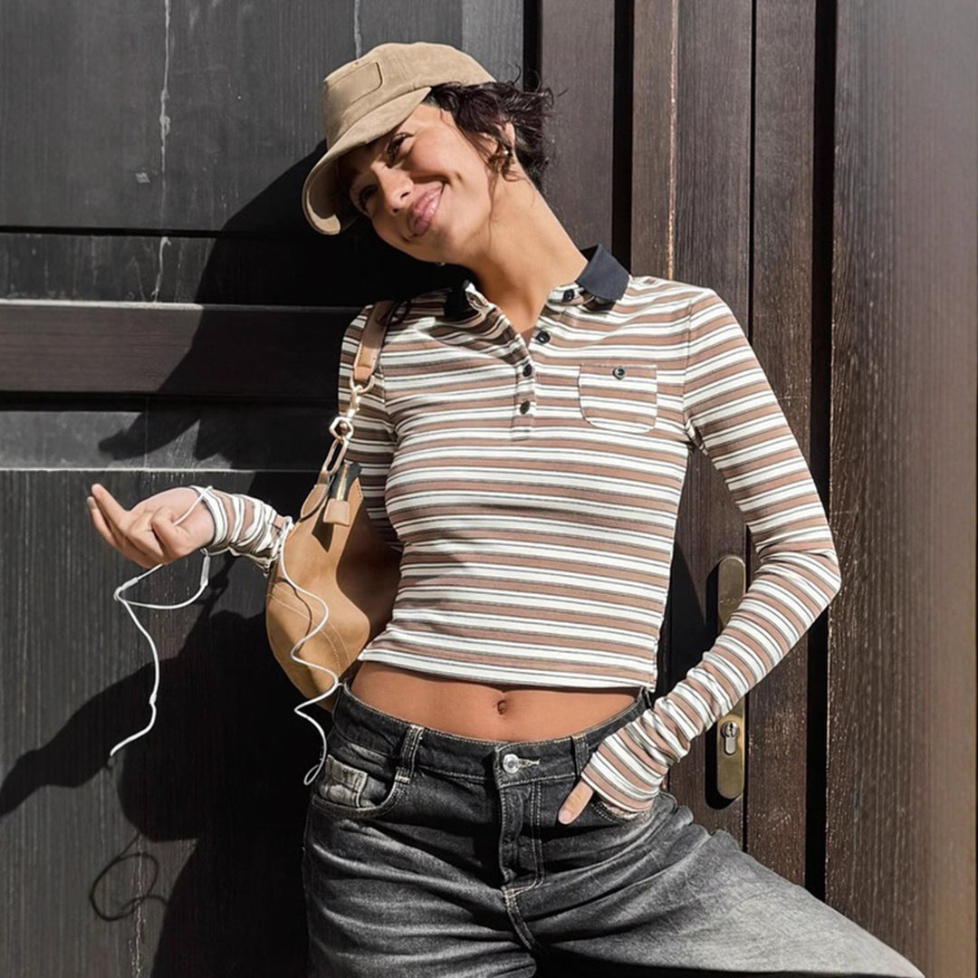 Damen nan gestreiftes Polo-Crop-Longsleeve mit kontrastkragen und Brusttasche Drune