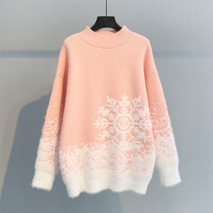 Damen Grobstrickpullover mit festlichem Schneeflockenmotiv und weichem Kragen Drune