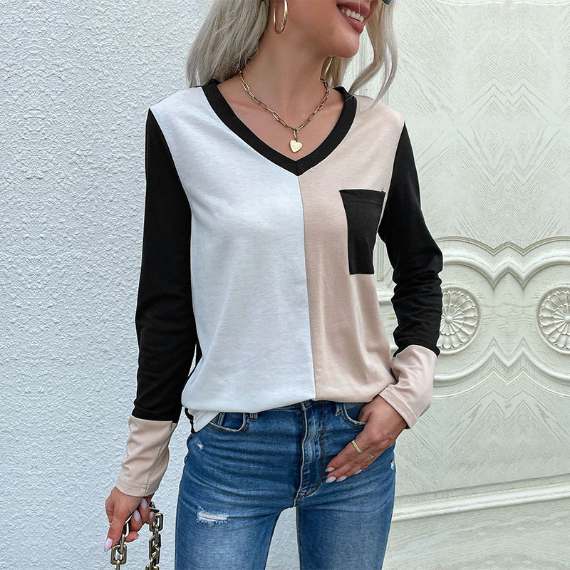 Damen Langarm T-Shirt mit modischem Colorblock-Muster und dekorativer Brusttasche Drune