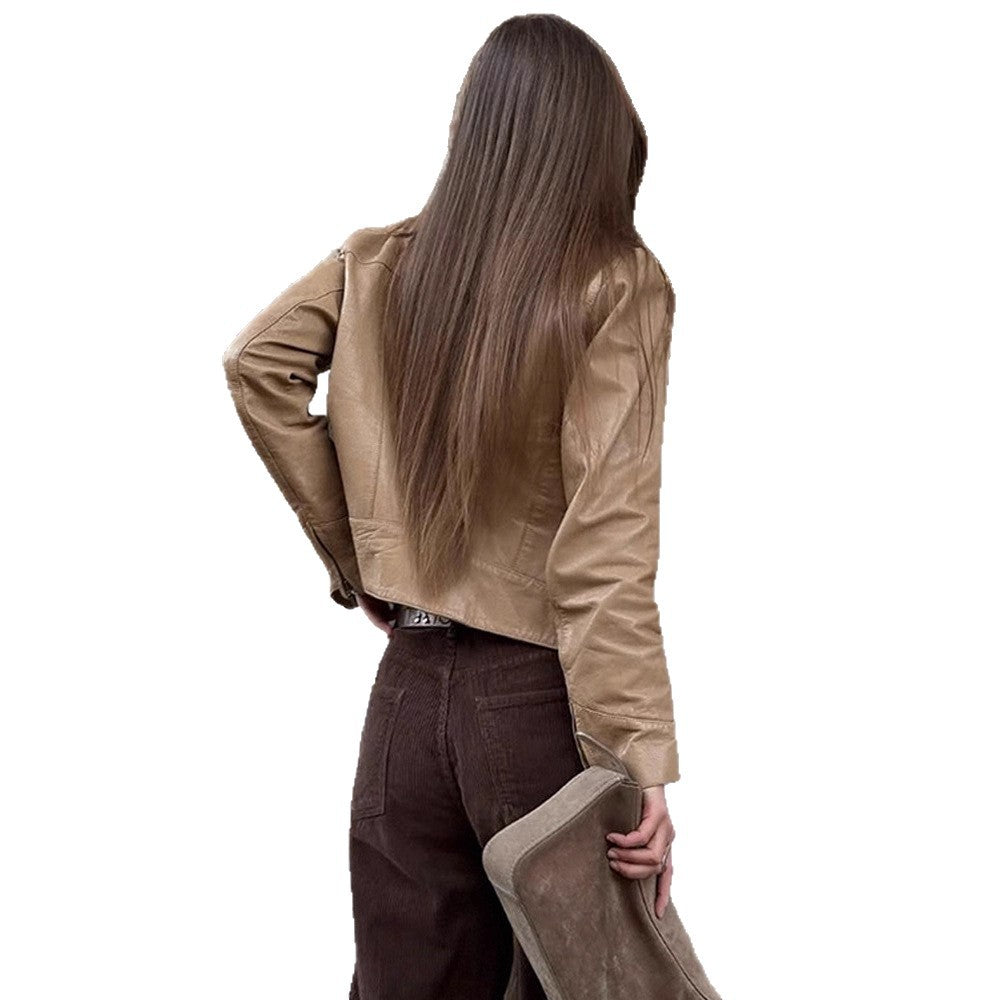 Damen elegante Kunstlederjacke mit klassischem Kragen Drune