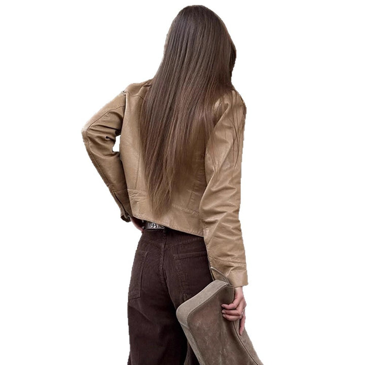 Damen elegante Kunstlederjacke mit klassischem Kragen Drune