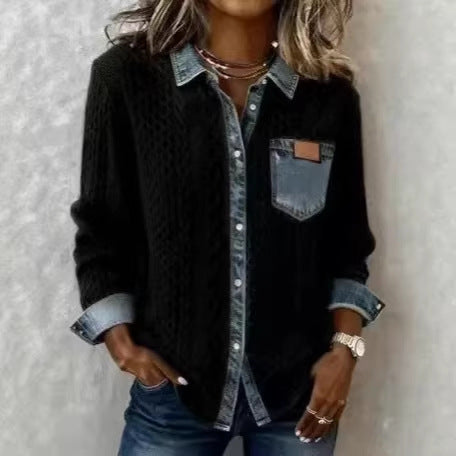 Damen nan geflochtener Strickpullover mit integriertem Jeanskragen und Brusttasche Drune
