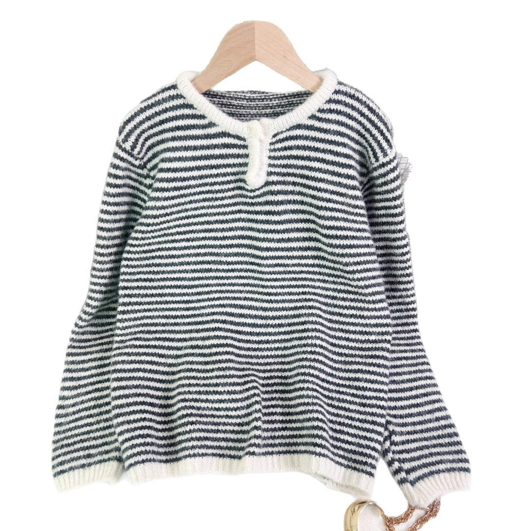 Damen lässiger Streifenpullover mit dekorativem Knopfdetail Drune