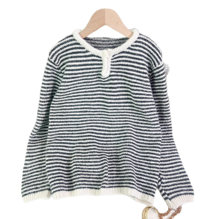 Damen lässiger Streifenpullover mit dekorativem Knopfdetail Drune