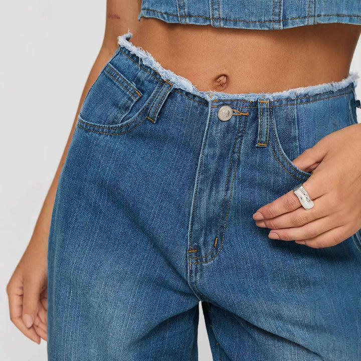 Damen nan hochgeschnittene Weitbein-Jeans mit rohem Bund, extra weitem Bein und Fünf-Taschen-Schnitt Drune