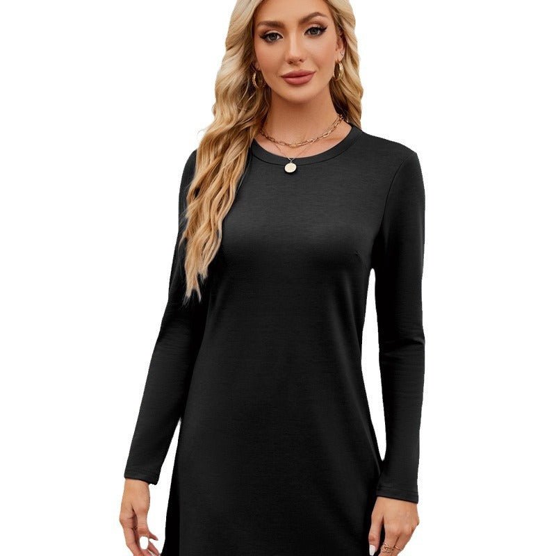 Damen lässiges Jersey-Kleid mit langem Arm und Rundhalsausschnitt Drune