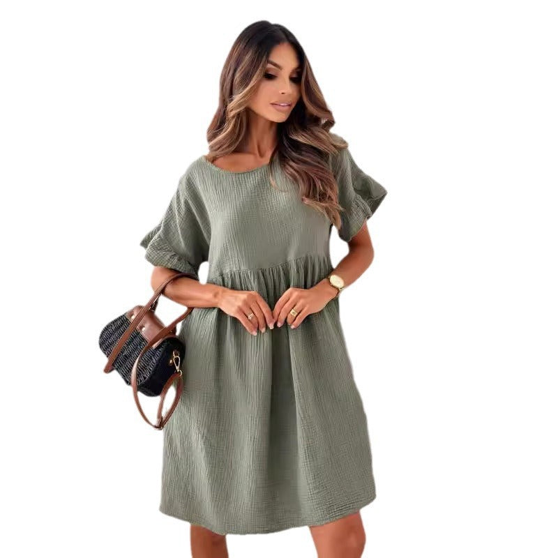 Damen lässiges Sommerkleid mit elastischem Taillenzug und kurzen Ärmeln Drune