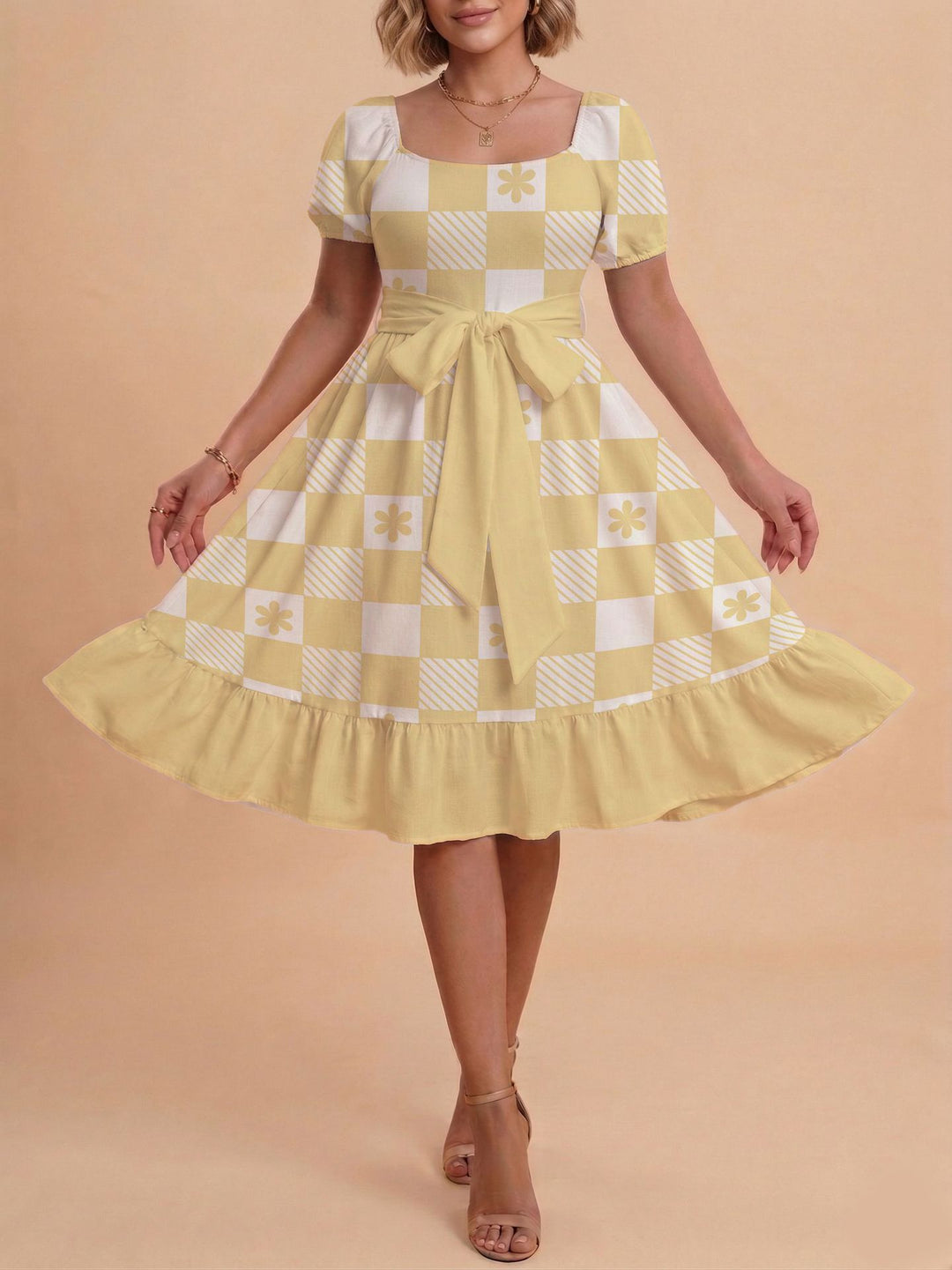 Damen Verspieltes Maxikleid mit Bärenmuster und taillierbarem Band Drune