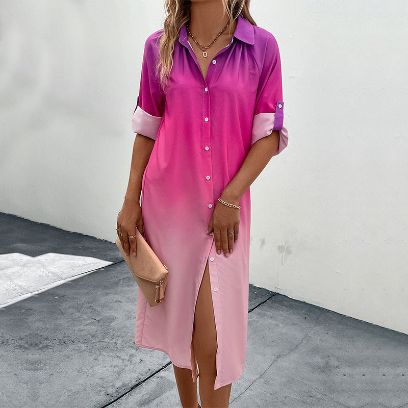 Damen Midi-Kleid mit modernem Farbverlauf und elegantem Hemdkragen Drune