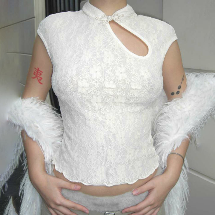 Damen Crop-Top mit floralem Spitzenmuster und raffiniertem Halterneck Drune
