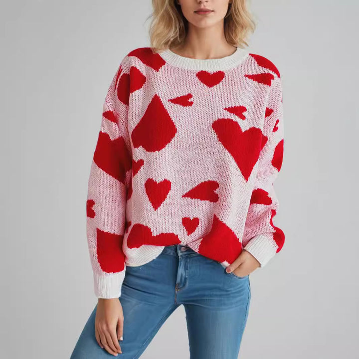 Damen verspielter Pullover mit Herzmotiven Drune