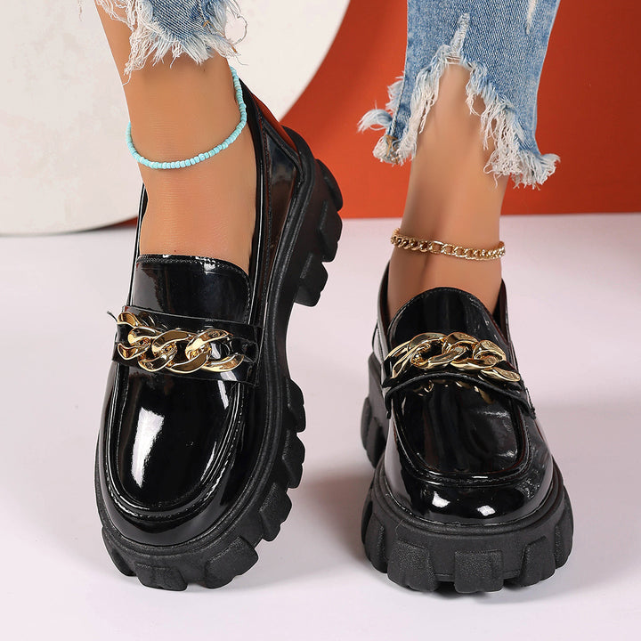 Damen nan trendige Lack-Loafer mit grober Profilsohle und goldener Kettenapplikation Drune