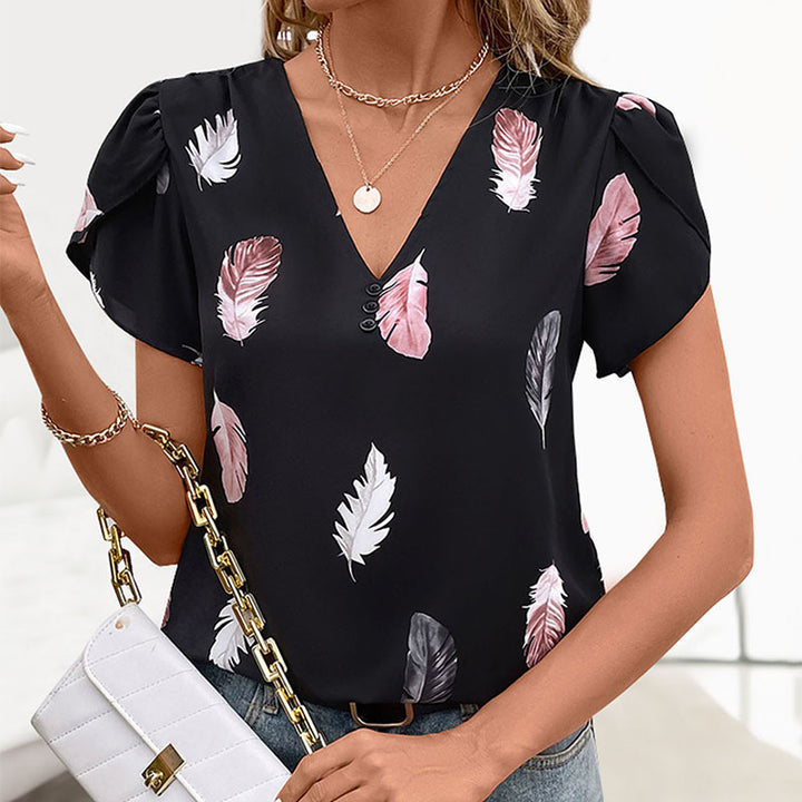 Damen Oberteil mit floralem Blattmuster und dekorativen Knopfdetails Drune
