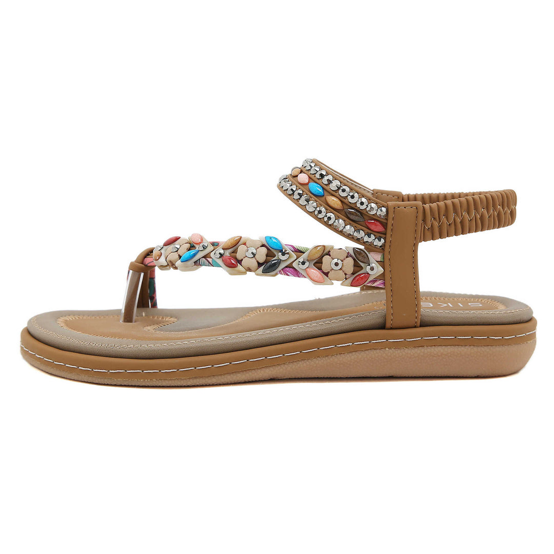 Damen Sandalen im Boho-Stil mit funkelnden Perlenverzierungen und bequemem Fußbett Drune