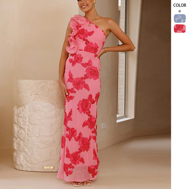Damen Elegantes Abendkleid mit asymmetrischem Träger und floralen Applikationen Drune