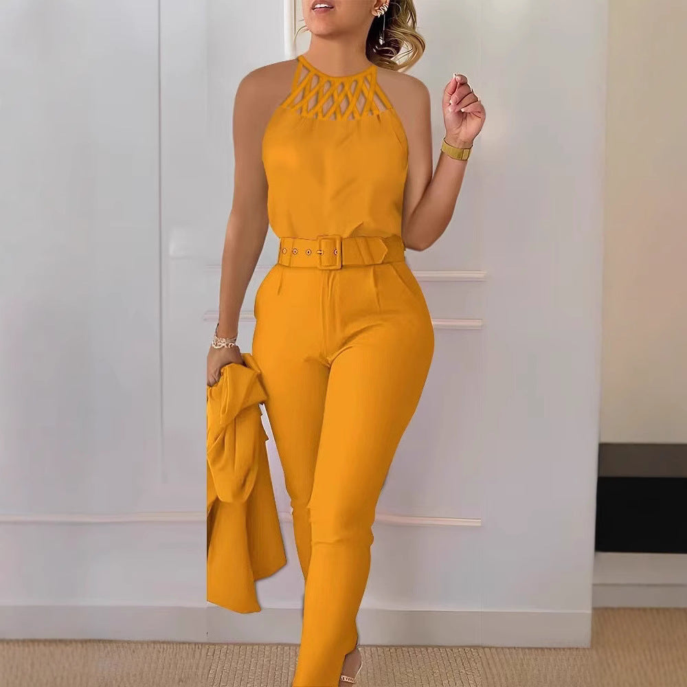 Damen Eleganter Jumpsuit mit schickem Gürtel und raffiniertem Cut-Out Drune