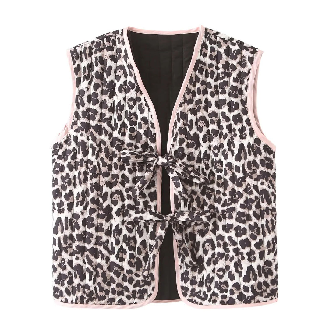 Damen gesteppte Weste mit Leopardenmuster und dekorativem Bindeband Drune