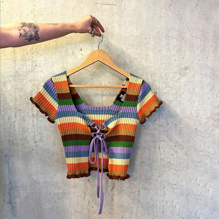 Damen figurbetontes Crop-Top mit modischen Streifen und Rüschendetails Drune