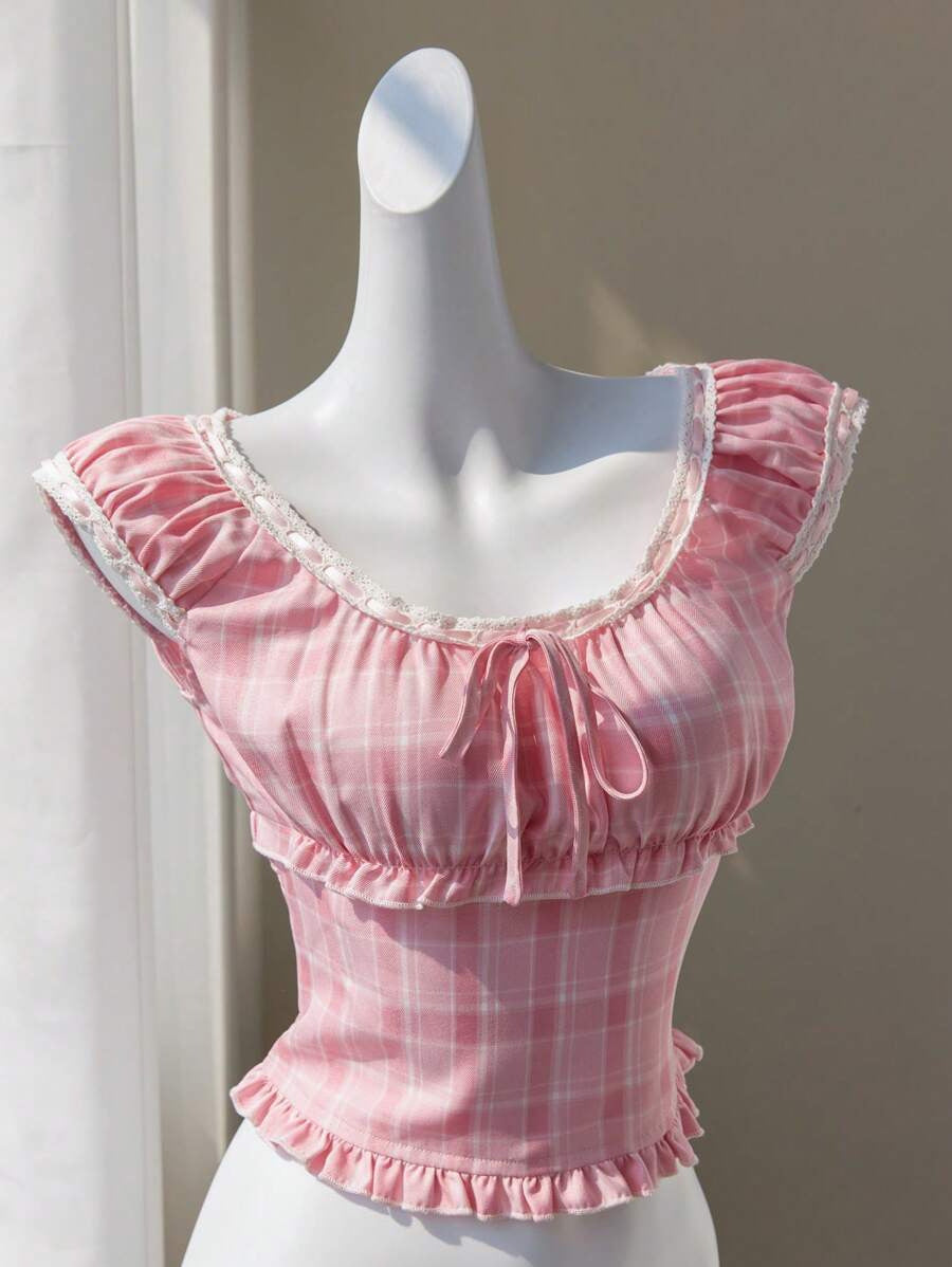 Damen verspieltes Karomuster-Crop-Top mit Rüschendetails und Kordelzug Drune